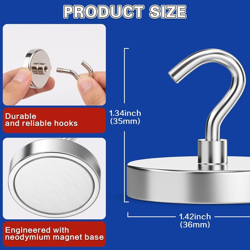 Junarter 6Pack Strong Magnetic Hooks, 150lbs Magnet Hooks Heavy Duty, Metal Magnetic Hooks for Cruise Cabins, Magnet with Hooks, Magnetic Hook for Hanging, Refrigerator, Garage, Outdoor - Image 2